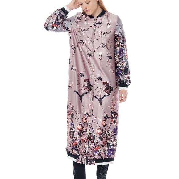 Flower Printed Long Baseball Jacket large - Picture 6 of 7